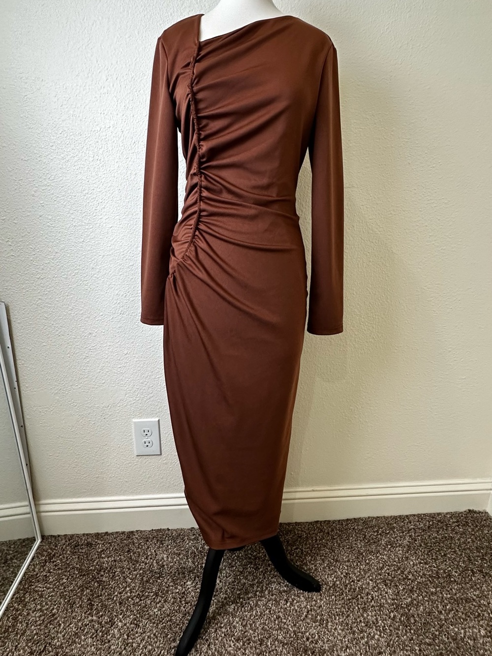 Ruched Long-Sleeve Midi Dress in Chocolate Brown